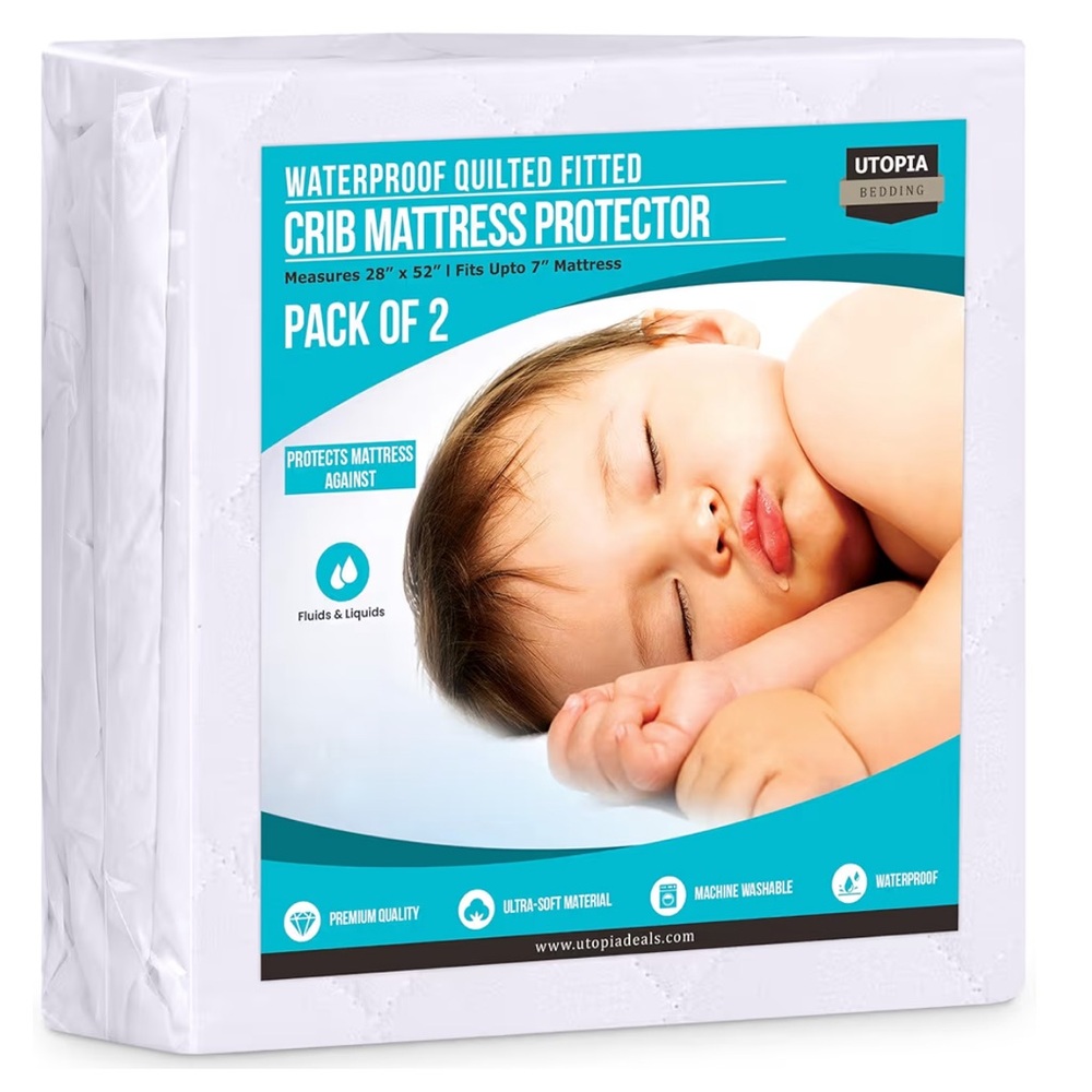 Utopia Waterproof Quilted Fitted Crib Mattress Protector Pack of 2 - White